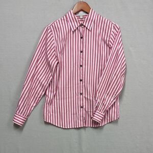 Foxcroft Women's Pink and White Striped Button Down Shirt